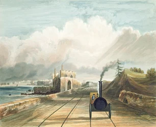 Dublin und Kingstown Railway: Von der Fußgängerbrücke am Sea Point Hotel, Blick Richtung Salt Hill, Kingstown Harbour in der Ferne, graviert von J. Harris, 1834